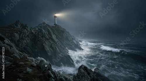 A striking photo of a lonely lighthouse on steep rocks, piercing the thick fog with a beam of light, with dramatic waves crashing below, a dark romantic atmosphere
