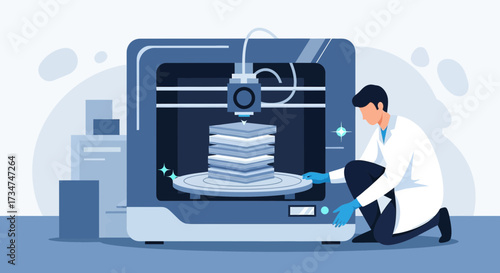 Illustration showcasing a scientist using a 3D printer in a research environment featuring