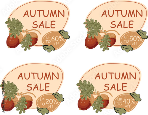 ready-made stickers for promotions or discounts for the autumn season with oak tree branches with acorns and leaves with various discount percentages