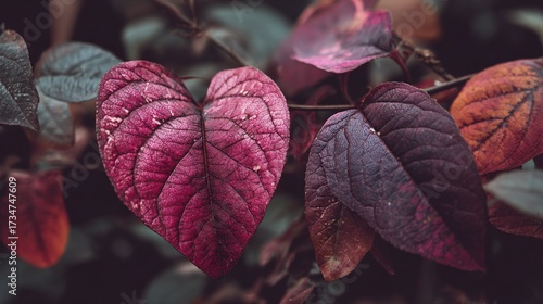   Two red and purple leaves on a branch with green and purple foliage on the opposite side
