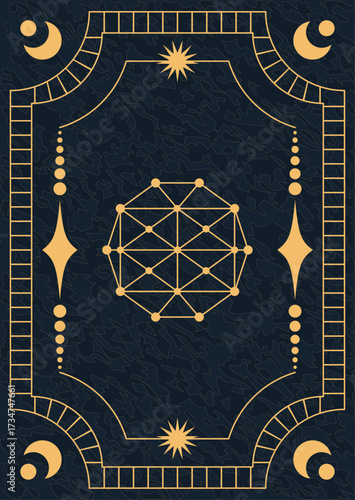 Sacred geometry with celestial moon and star elements on dark blue background. Mystical esoteric tarot card template with gold geometric pattern