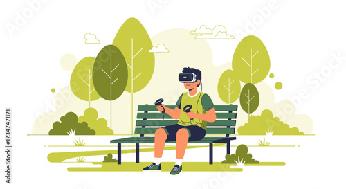 Immersive virtual reality experience in the park cartoon concept vector illustration