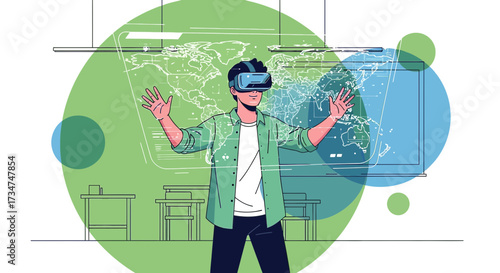 Immersive virtual reality experience with interactive global map for education or gaming