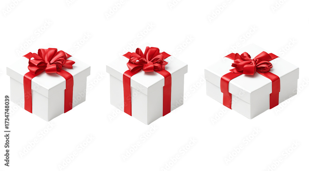 Fototapeta premium Three white gift boxes with red ribbon isolated on a transparent background