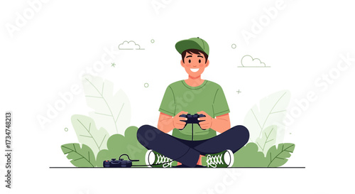 Joyful young man engrossed in video games while relaxing outdoors surrounded by nature