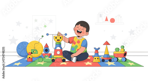 Joyful child playing with colorful wooden building blocks in a bright playroom setting