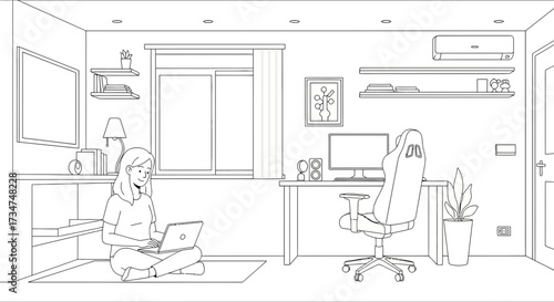 Line art illustration of a woman working on a laptop in her home office space perfect for remote