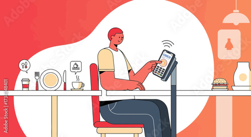 Man ordering food in restaurant using digital tablet, paying bill wirelessly concept