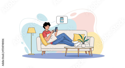 Man orders medicines online while relaxing at home, showcasing modern healthcare access