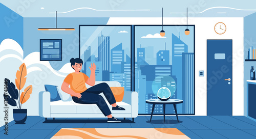 Man relaxing at home with city view in the background illustration design