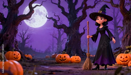 3D cartoon witch standing under the full moon with a broom surrounded by pumpkins in a spooky forest, symbolizing Halloween traditions, fantastic imagination, and seasonal festive atmosphere.
