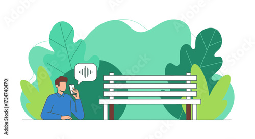Man uses voice assistant on phone in park next to a white bench surrounded by plants