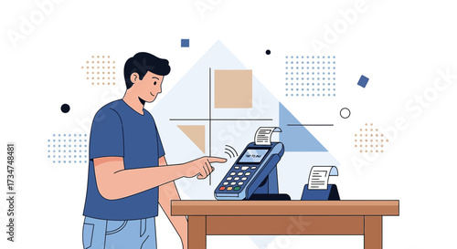 Man using contactless payment terminal with abstract shapes for a modern digital transaction