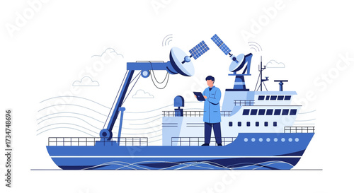 Marine research vessel with satellite communication and scientific equipment for ocean exploration