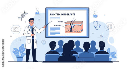 Medical presentation on printed skin grafts with doctor and audience illustration