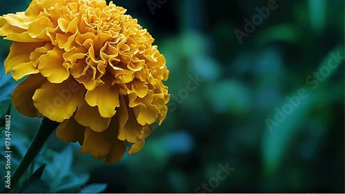 Close up of a vibrant yellow marigold flower in bloom