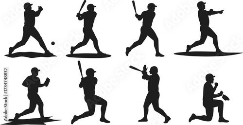 Baseball player silhouettes in dynamic action poses swinging bat, pitching, catching, fielding, and celebrating sports vector illustration for design projects