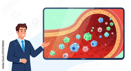 Medical presentation showcasing blood vessel, nanoparticles, and pharmaceutical delivery