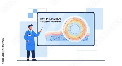Medical professional presenting bioprinted cornea technology and future vision improvement