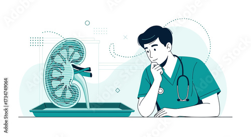 Medical professional studying a kidney anatomy illustration in laboratory setting