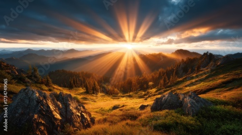 A breathtaking sunset casts golden rays over a majestic mountain landscape, showcasing the beauty of nature as light dances across rugged peaks and tranquil valleys.