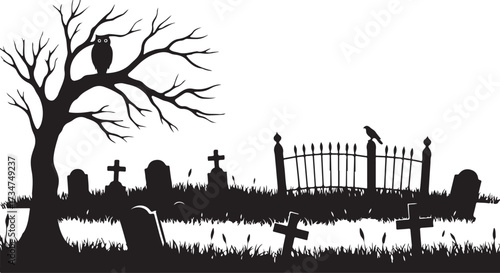 Halloween Cemetery Silhouette with Owl, Crow, and Gravestones graveyard tree