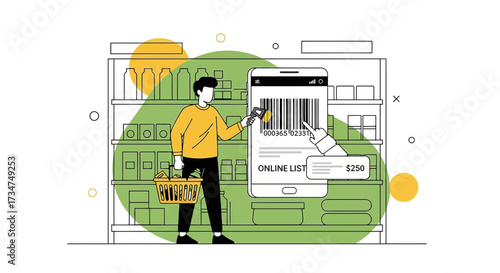 Modern grocery shopping with smartphone app for price scanning and online list management