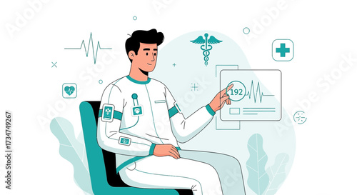 Modern healthcare concept featuring a doctor with technology and patient data analysis