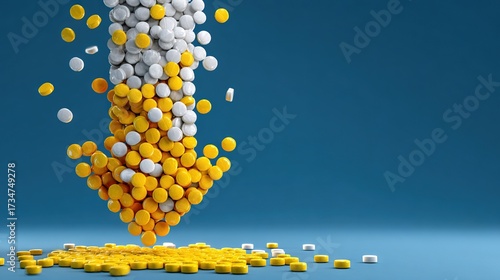   A mound of yellow-white pills beside a pile of white-yellow pills atop a blue base