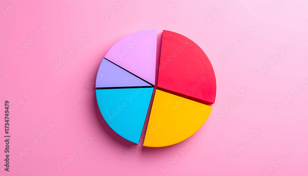 Obraz premium Top-down view of 5 segment pie chart, clean and colorful. Data visualization and infographic design