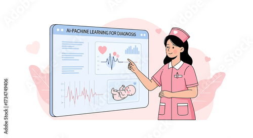Nurse using AI-powered diagnostics for maternal health, fetal heart monitoring and pregnancy