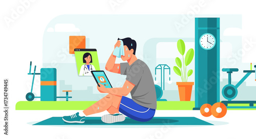Online fitness consultation with a doctor post workout, man resting with tablet in the gym