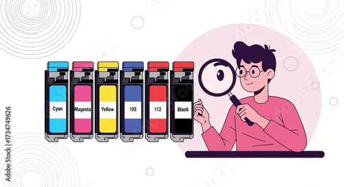 Printer ink cartridges set and person holding magnifying glass for inspection concept