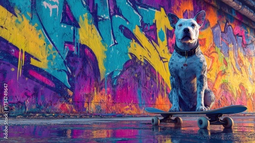 A playful pit bull confidently riding a skateboard in front of a vibrant graffiti wall, exuding a sense of coolness and an urban artistic flair.