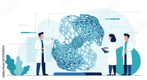 Researchers examining complex structure, illustrating innovation and scientific advancement in