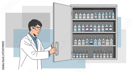 Scientist accessing chemical storage cabinet in laboratory or research facility environment