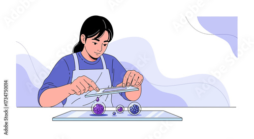 Scientist analyzing cells under a microscope, medical research and biotechnology concept,