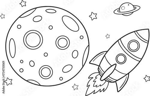 Whimsical Space Adventure Coloring Page with Rocket, Planet, and Stars
