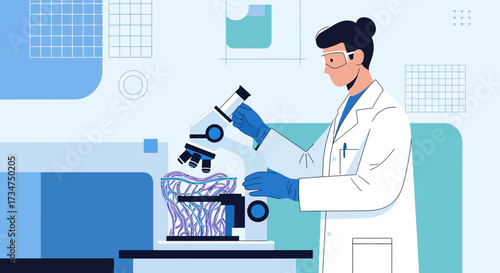 Scientist examining sample under microscope in laboratory for medical research and vaccine