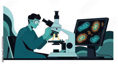 Scientist examining microorganism through microscope with bacteria on the monitor screen