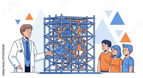 Scientist explaining molecular structure to students in lab education presentation