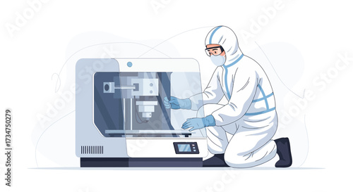 Scientist in protective suit operating a 3D printer for scientific research and development