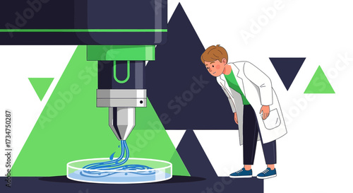 Scientist observing 3D bioprinting of biological material in a petri dish within a modern lab