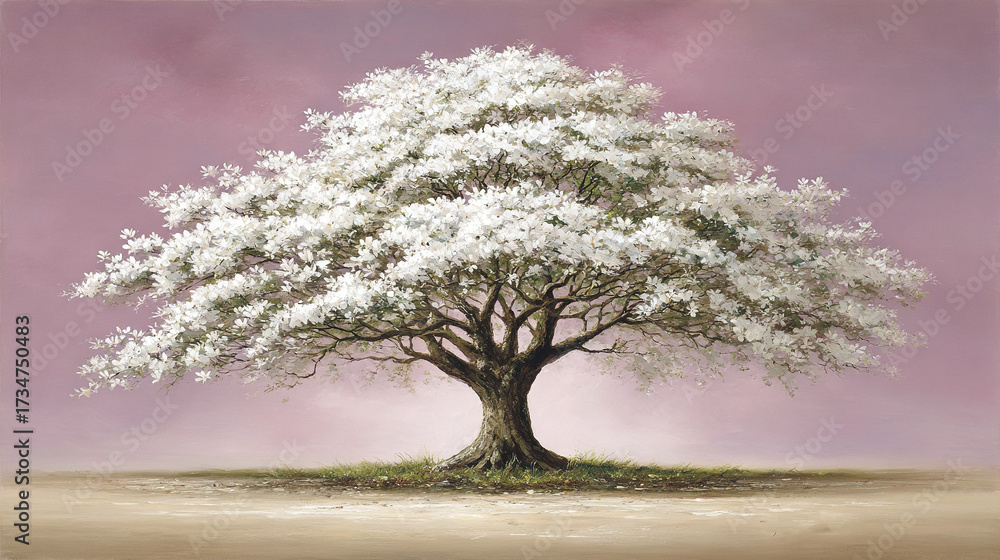 Obraz premium A tree with white flowers on its branches and a pink background is painted in the artwork