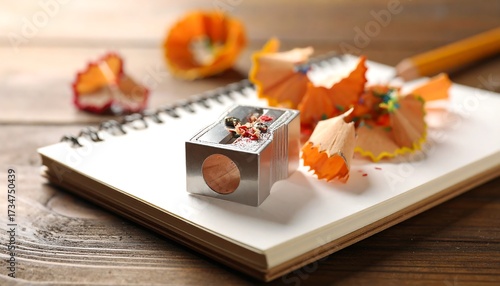 Sharpening Pencil on Notebook with Shavings and Wooden Table Background