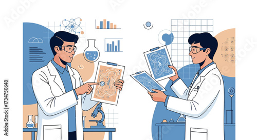 Scientists collaborating in laboratory research analysing data and sharing insights in scientific