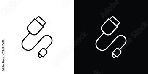 Phone cable icon in black and white linear versions