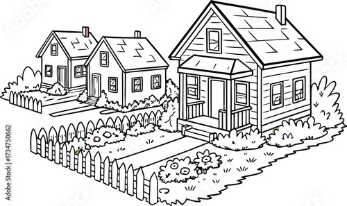 Cartoon Neighborhood Scene Three Houses and White Picket Fence