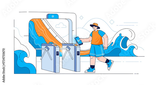 Seamless Entry: Modern Water Park Illustration with Digital Ticketing and Amusement