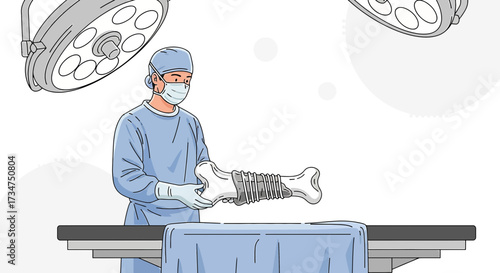 Surgeon preparing bone graft in operating room for orthopedic procedure illustration